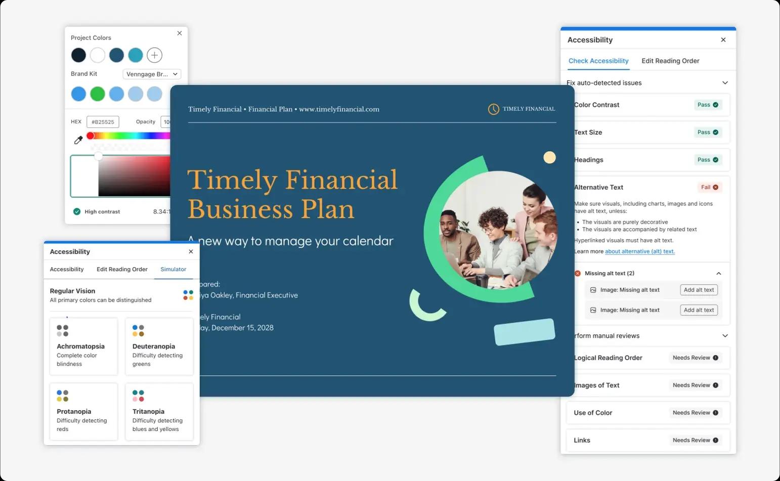 Accessibility features included in Venngage’s editor, including an accessibility checker, a vision simulator, and a contrast checker. Accessibility features included in Venngage’s editor, including an accessibility checker, a vision simulator, and a contrast checker.